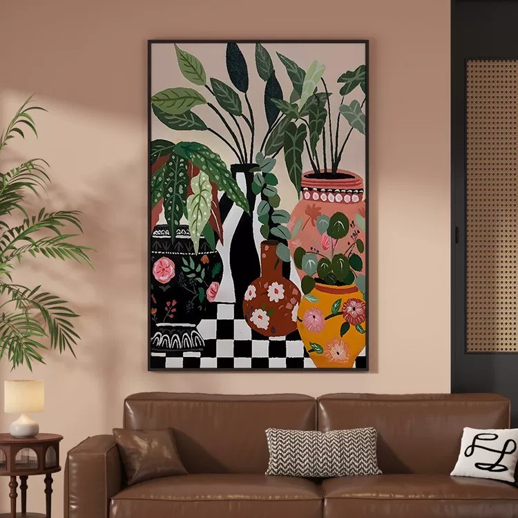 中古风植物花瓶装饰画复古艺术小众高级感轻奢卧室客厅玄关摆挂画
