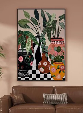中古风植物花瓶装饰画复古艺术小众高级感轻奢卧室客厅玄关摆挂画