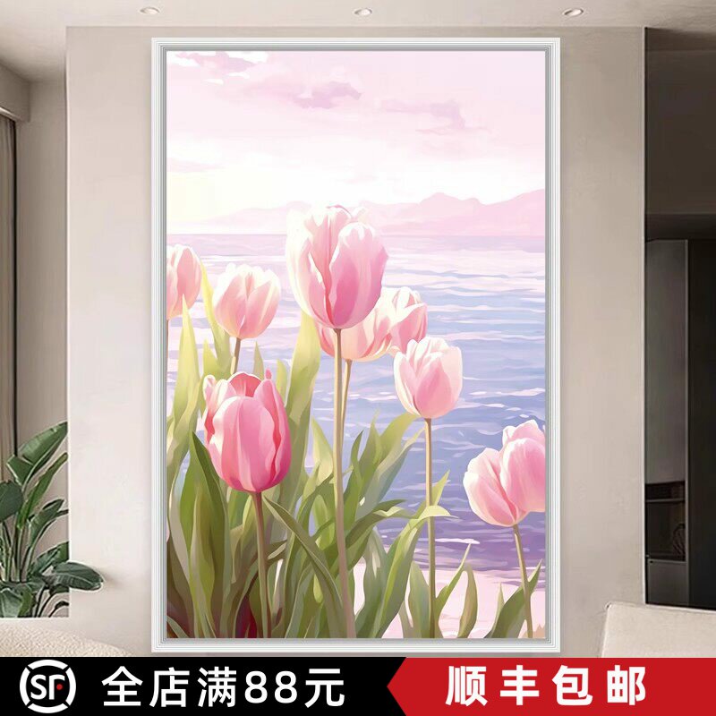 北欧奶油风装饰画郁金香花卉成品仿油画唯美高级感卧室客厅摆挂画