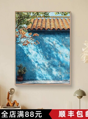 蓝色春天装饰画成品仿油画风景小清新花卉唯美高级卧室客厅摆挂画