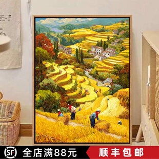 秋天梯田装饰画成品仿油画风景唯美治愈温馨田园风卧室客厅摆挂画