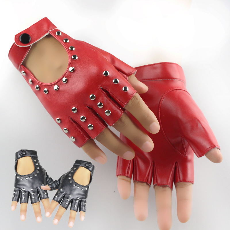 跳舞专用手套铆钉半指皮手套