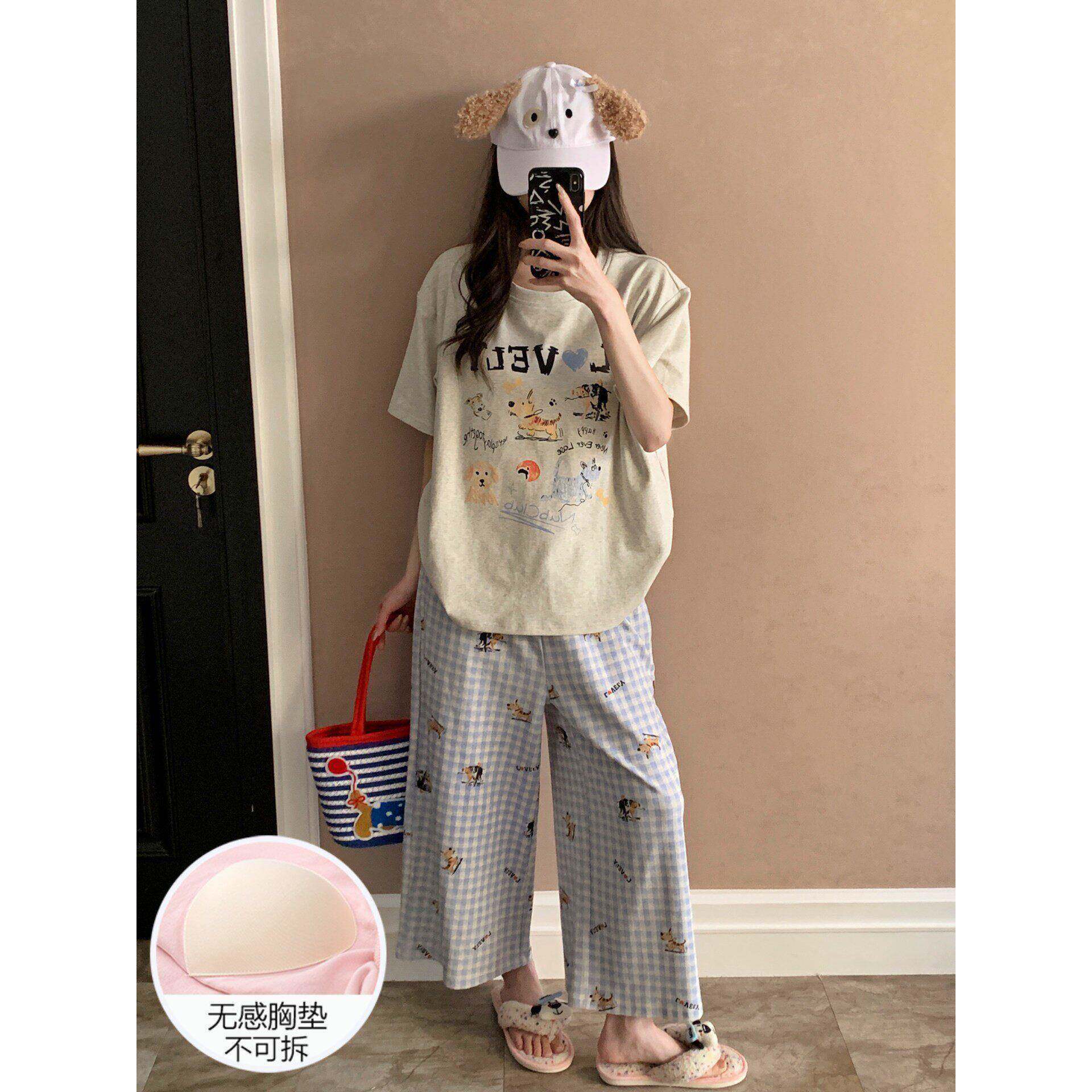纯棉睡衣女春秋季大码短袖七分裤带胸垫26新款小狗套装夏天家居服