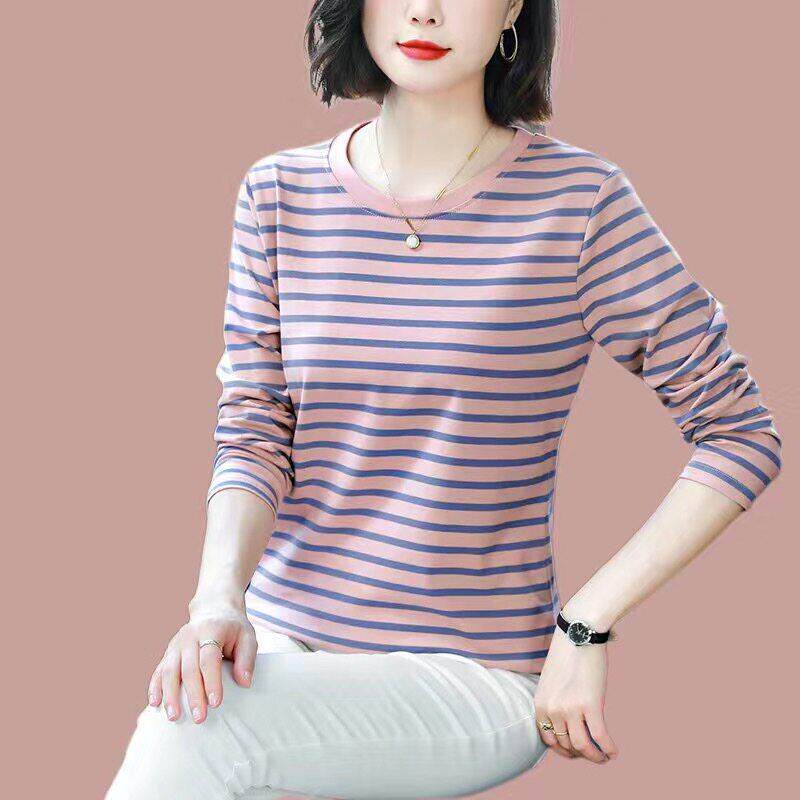 2025年新款纯棉条纹长袖T恤女打底衫秋装百搭外穿宽松大尺码妈妈
