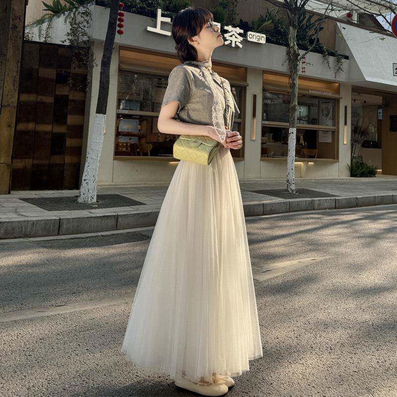 2025夏季新款纱裙白色网纱半身裙女垂坠感a字高腰长裙大摆蓬蓬裙