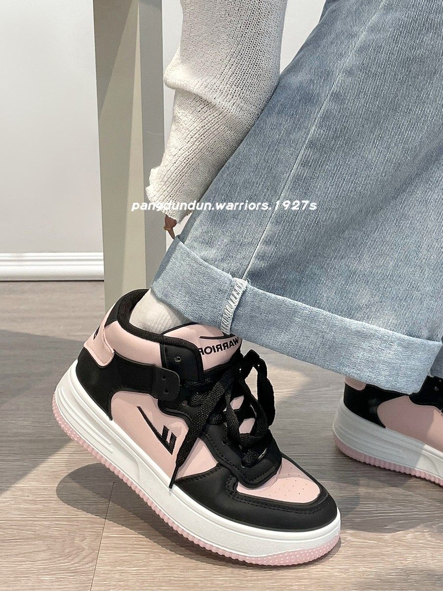 回力黑粉女鞋高帮秋款厚底板鞋子ins潮百搭保暖二棉鞋女冬季加绒