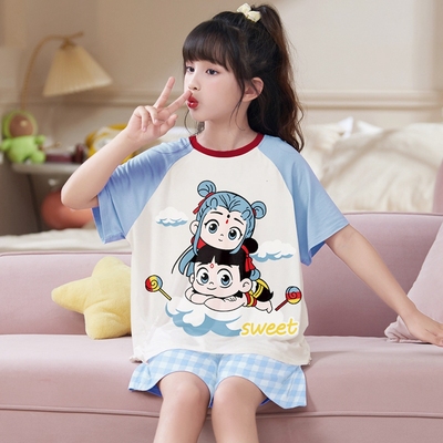 莫代尔儿童睡衣女童2025新款夏季薄款短袖女孩大童哪吒敖丙家居服
