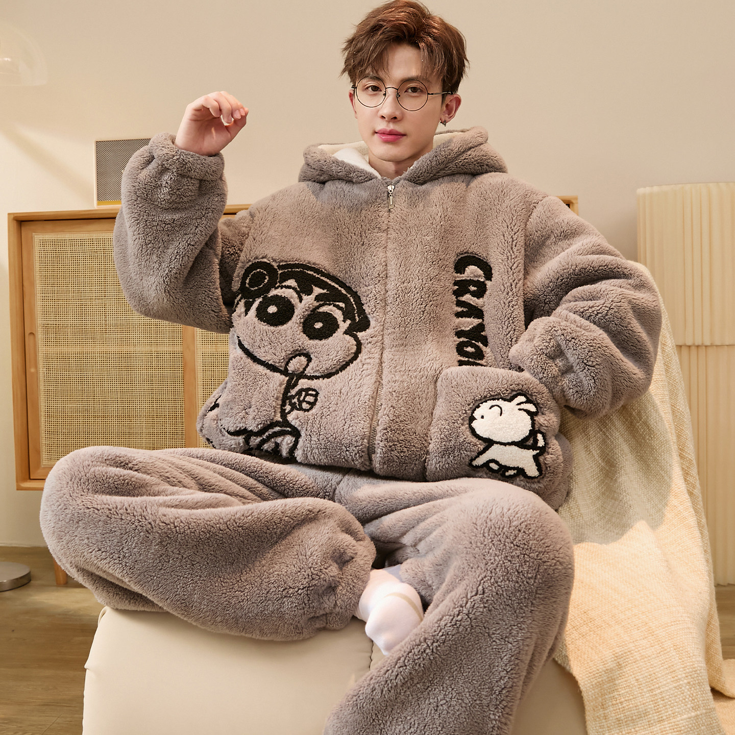 秋冬季连帽睡衣男士珊瑚绒拉链款加厚学生保暖简约休闲家居服套装