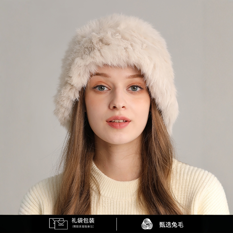 加绒加厚真兔毛毛绒帽子女秋冬季保暖显脸小护耳皮草针织渔夫帽c0