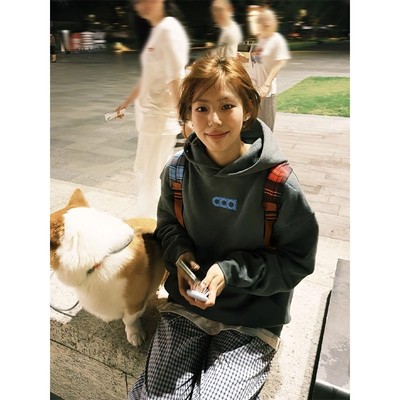 深灰色美式复古字母刺绣卫衣男款秋季潮牌高街重磅加厚连帽衫外套