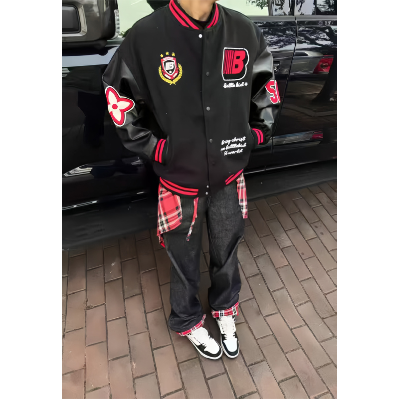 美式徽章拼接撞色刺绣棒球服外套男女秋冬国潮牌休闲情侣宽松夹克