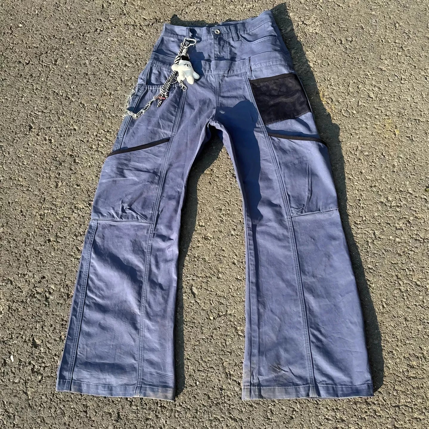 美式复古vintage交叉多口袋弯刀工装裤男法工蓝设计感阔腿园丁裤图片