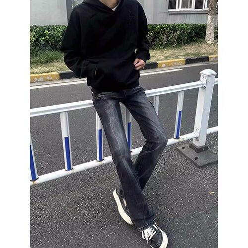 美式高街vibe风水洗黑灰弹力牛仔裤男春夏季cleanfit修身微喇裤子