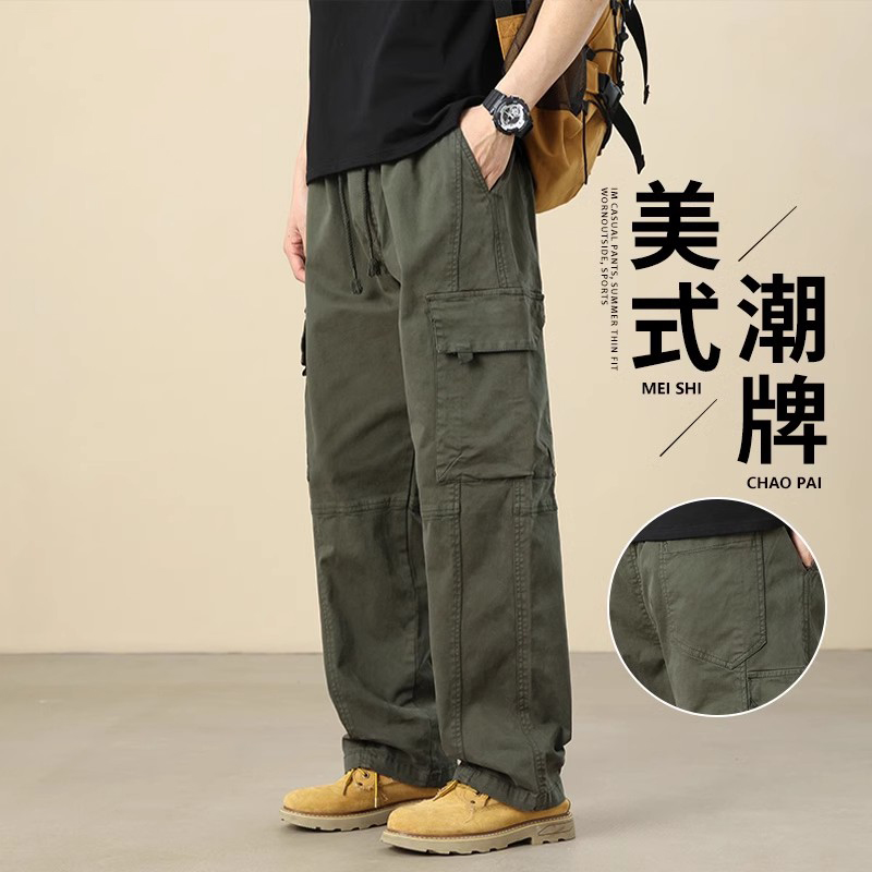 军绿色纯棉工装裤男士2025春秋季新款美式宽松直筒阔腿休闲长裤子