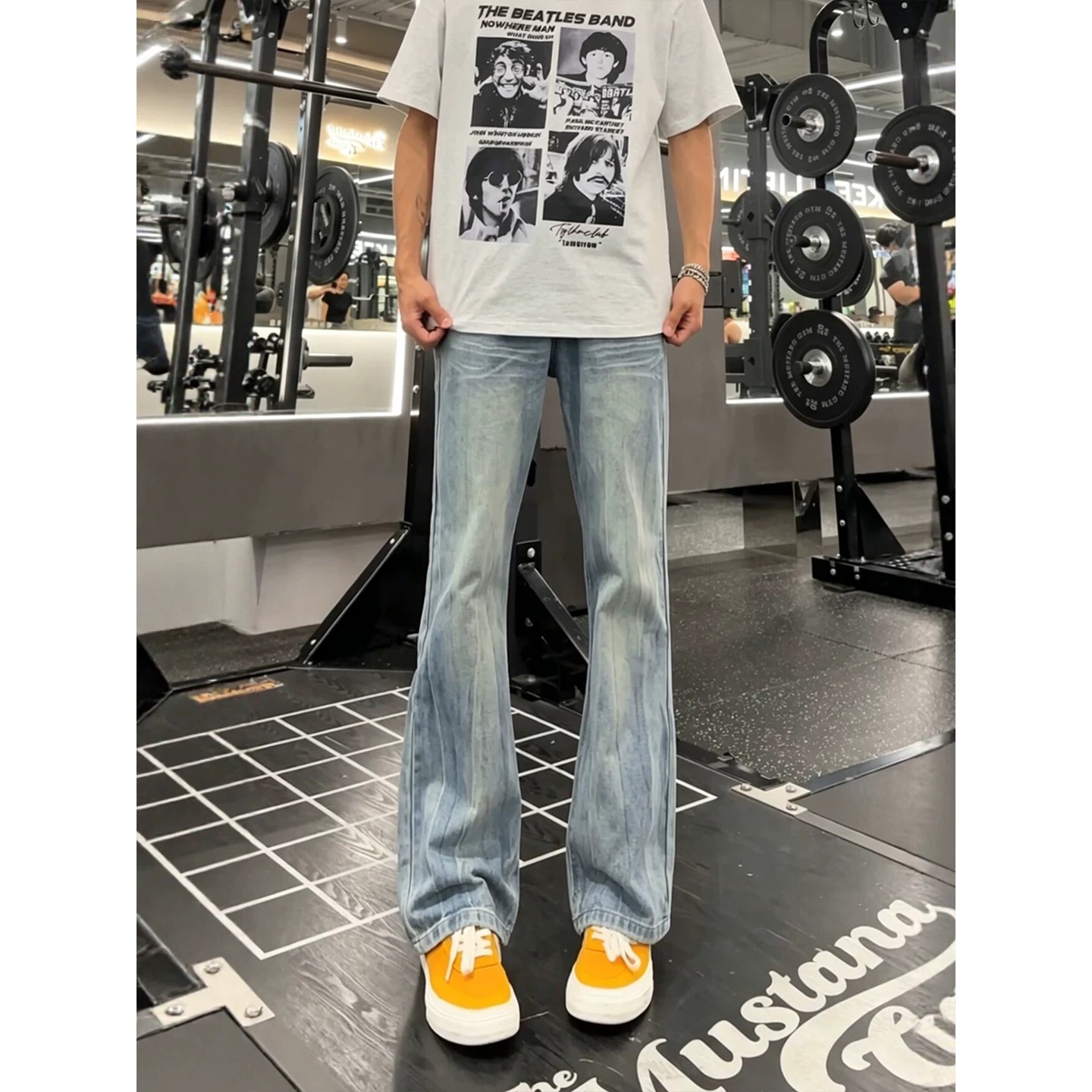 浅蓝色闪电纹牛仔裤男春秋季新款显瘦修身裤子美式高街直筒微喇裤