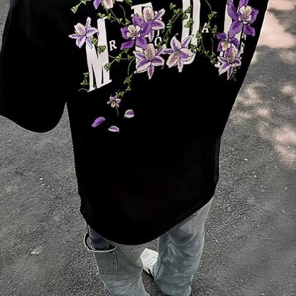 美式高街藤蔓花卉刺绣短袖t恤男夏季潮牌高级感纯棉宽松情侣上衣