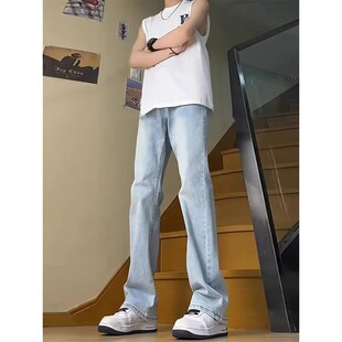浅蓝色直筒牛仔裤男款春夏季美式高街vibe裤子水洗显瘦修身微喇裤