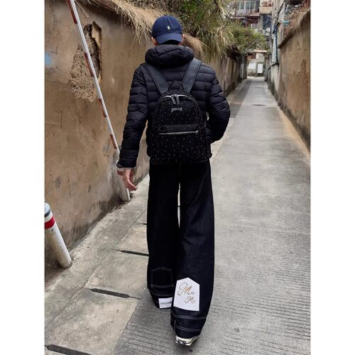 美式复古马毛倒装牛仔裤男款夏季原牛黑色弯刀裤子宽松直筒阔腿裤