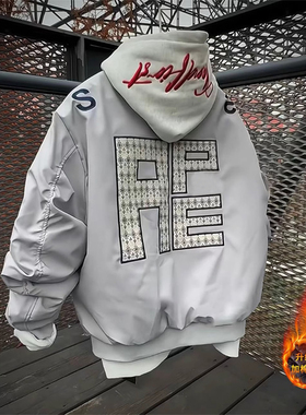 美式字母刺绣飞行夹克男冬季加厚加棉棉衣潮牌宽松立领棒球服外套