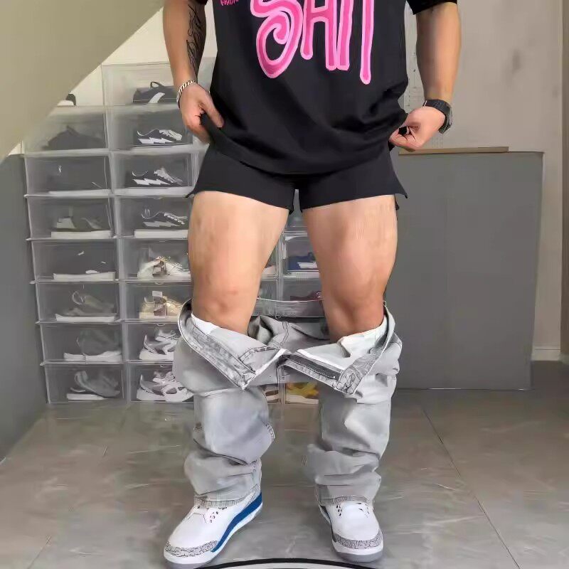 水泥烟灰色弹力牛仔裤男生春秋季腿粗屁股大美式高街vibe微喇裤子