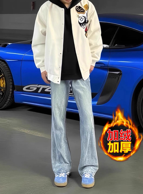 美式高街闪电纹水洗牛仔裤男秋冬直筒修身显瘦裤子窄版加绒微喇裤