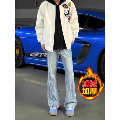 美式高街闪电纹水洗牛仔裤男秋冬直筒修身显瘦裤子窄版加绒微喇裤