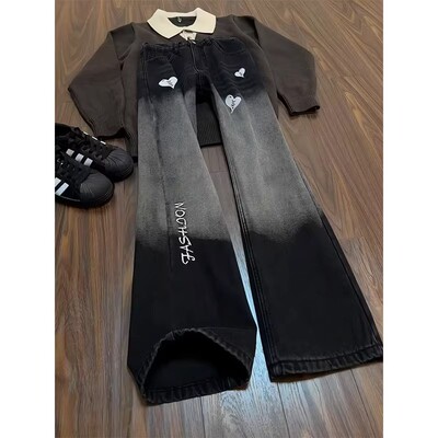美式高街渐变刺绣牛仔裤男春夏季潮牌痞帅休闲裤子宽松直筒微喇裤