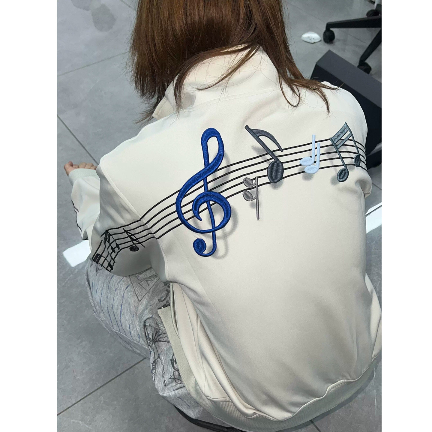 美式高街立体音符刺绣立领夹克男春秋季新款潮牌宽松拉链开衫外套