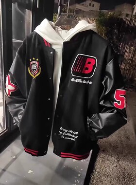 美式高街徽章拼接撞色刺绣棒球服外套男女秋季国潮牌痞帅宽松夹克