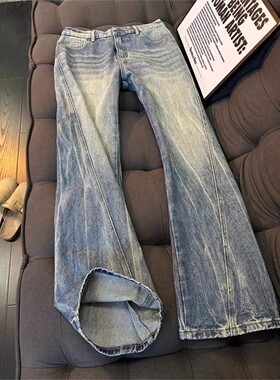 高街vibe闪电纹斜切拼接弯刀牛仔裤男春季美式修身显瘦直筒微喇裤