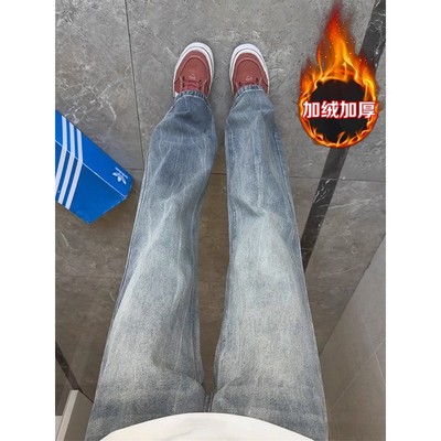 闪电竹节纹牛仔裤男款秋冬季加绒微喇vibe裤子美式高街直筒休闲裤