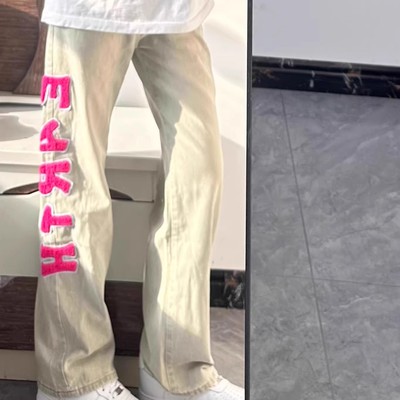 美式高街黄泥染做旧字母刺绣牛仔裤男潮牌ins宽松直筒休闲长裤子