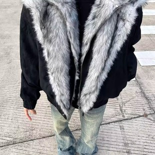 黑色短款 座山雕夹克棉服外套男 狼王双层毛绒立领派克服棉衣冬季