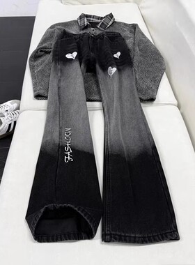 爱心字母刺绣渐变牛仔裤男款春季新款黑色裤子美式高街直筒微喇裤