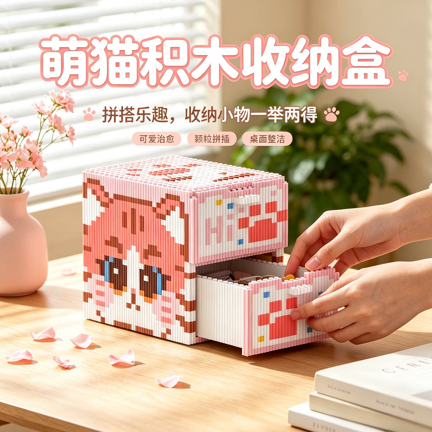 卡通粉猫积木双层抽屉收纳玩具益智颗粒手工拼装礼物女生女孩儿童
