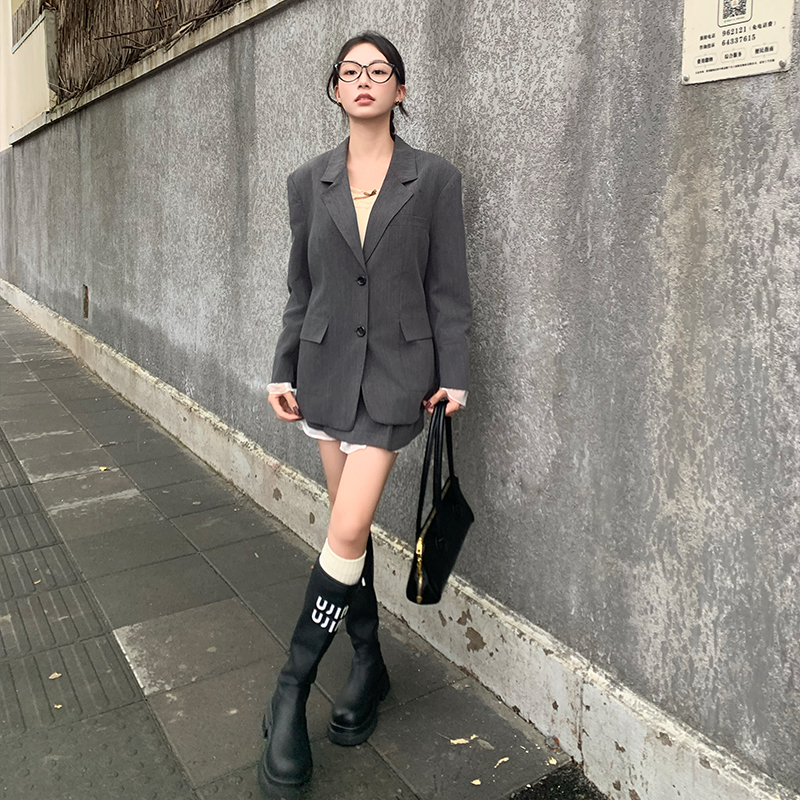 Romantic echo宽松西装外套女秋新款宽松袖口假两件雪纺拼接上衣