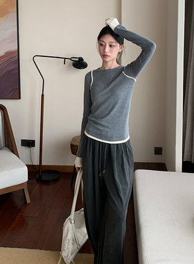 Romantic echo黑色针织打底衫女撞色修身显瘦内搭春秋长袖上衣