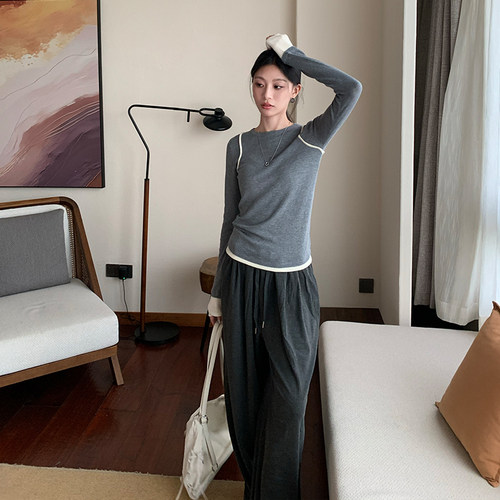 Romantic echo黑色针织打底衫女撞色修身显瘦内搭春秋长袖上衣