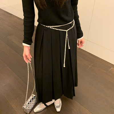 Romantic echo西装手工褶橡筋腰半身裙女a字百褶裙大摆长裙子