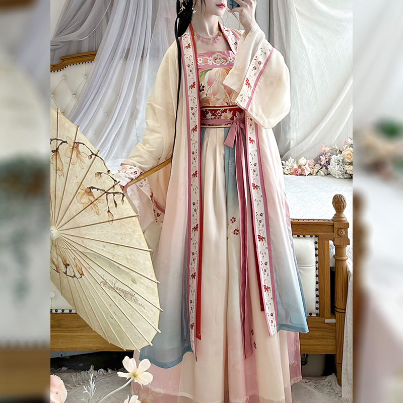 汉虞葵[伊人矜江]原创汉服女宋制齐腰双大袖吊带百褶裙绣花新款