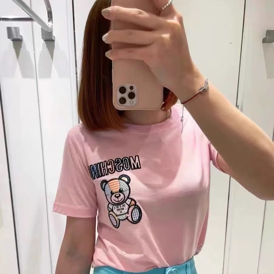正确版25夏季新款mos三色小熊修身款字母印花小熊圆领休闲短袖女
