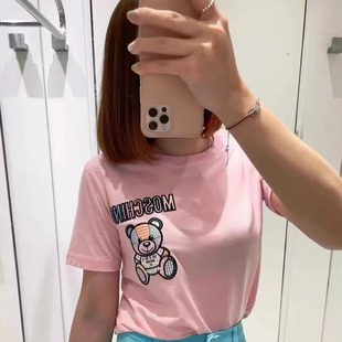 正确版25夏季新款mos三色小熊修身款字母印花小熊圆领休闲短袖女