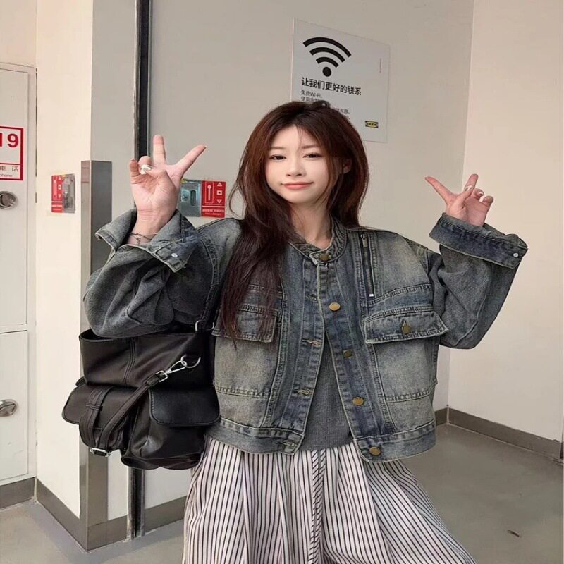 复古水洗做旧短款牛仔外