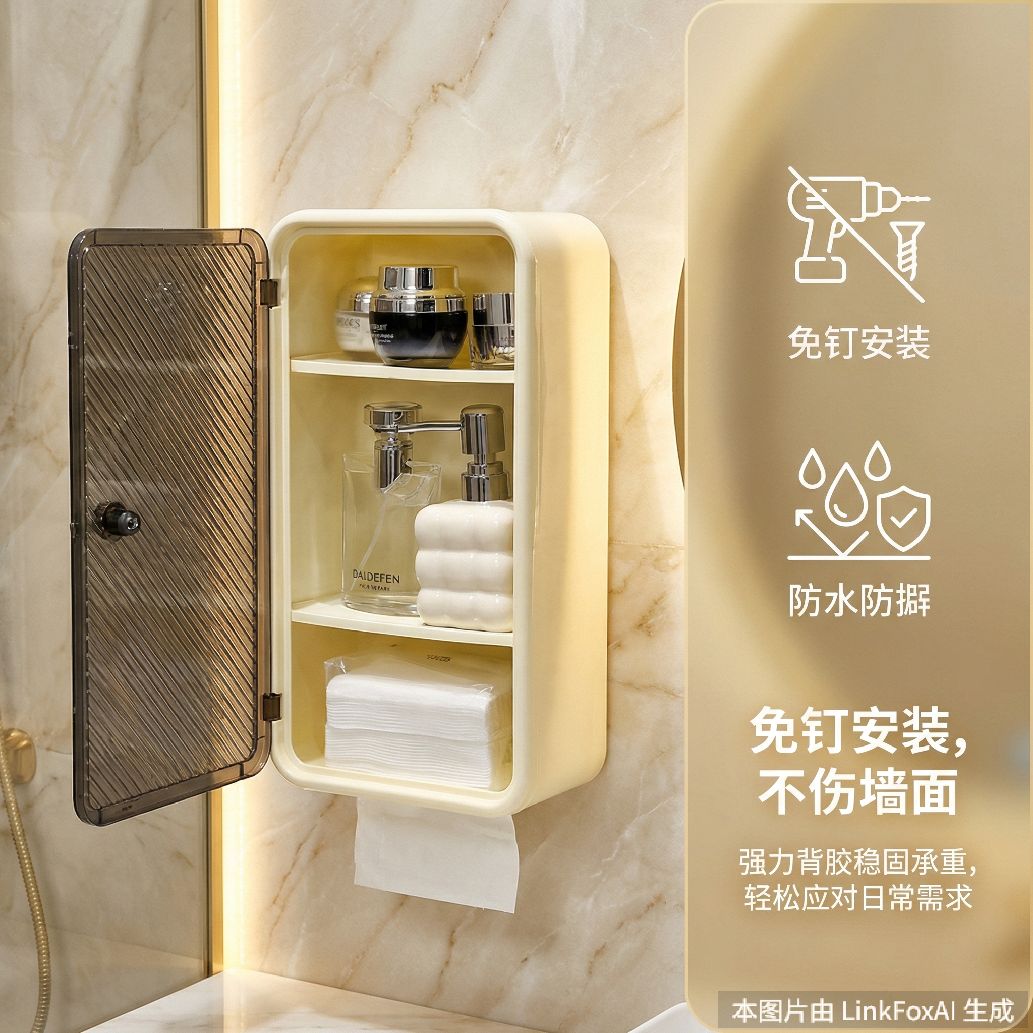 塑料防水上墙正面翻盖免打孔置物架卫生间纸巾盒贴墙收纳盒长方形