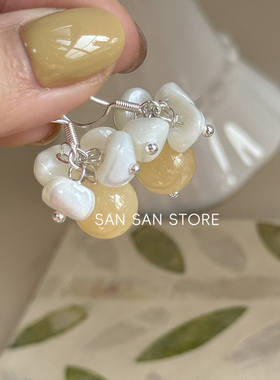 【春日】原创自制手工耳环黄色天然石不规则串珠耳钩银针日常百搭