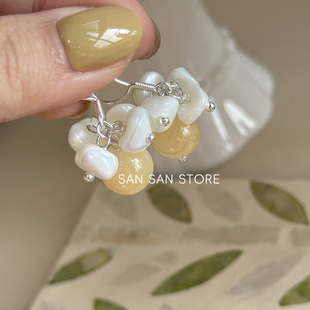 【春日】原创自制手工耳环黄色天然石不规则串珠耳钩银针日常百搭