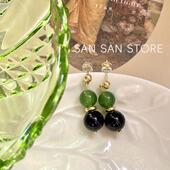 复古绿玉髓耳环原创设计自制新中式 黑玛瑙耳钉高级感银针国风耳夹
