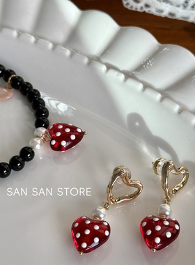【草莓乐园】原创自制红色草莓爱心耳环黑玛瑙珍珠小兔项链颈链女