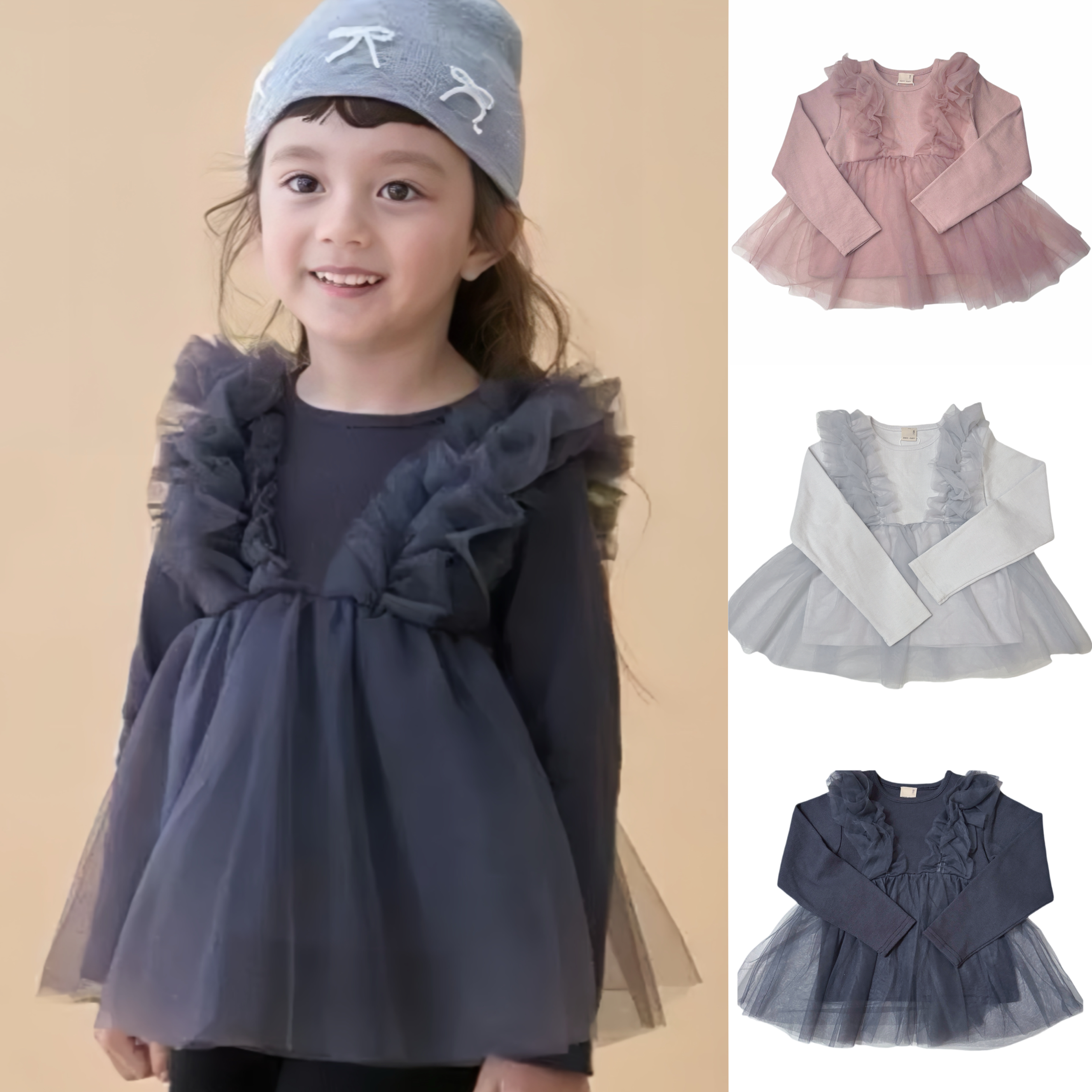 外贸原D日单拼接长袖纱纱裙上衣甜美可爱