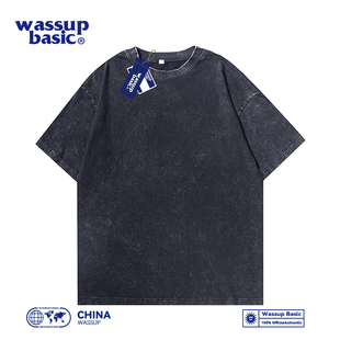 男装 240g重磅纯棉宽松落肩水洗短袖 复古蜡染做旧T恤 basic wassup